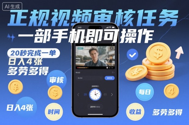 正规视频审核任务，一部手机即可操作，20秒完成一单，日入4张，多劳多得【揭秘】-副业资源站