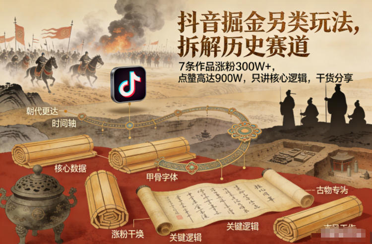 抖音掘金另类玩法，拆解历史赛道，7条作品涨粉300W+，点赞量高达900W，只讲核心逻辑，干货分享-副业资源站
