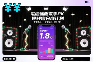 歌曲翻唱歌手PK视频撸分成计划，自带流量，一天两小时，日入2张-副业资源站