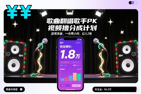 歌曲翻唱歌手PK视频撸分成计划，自带流量，一天两小时，日入2张-副业资源站