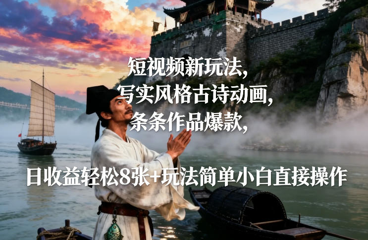 短视频新玩法，写实风格古诗动画，条条作品爆款，日收益轻松8张+玩法简单小白直接操作-副业资源站