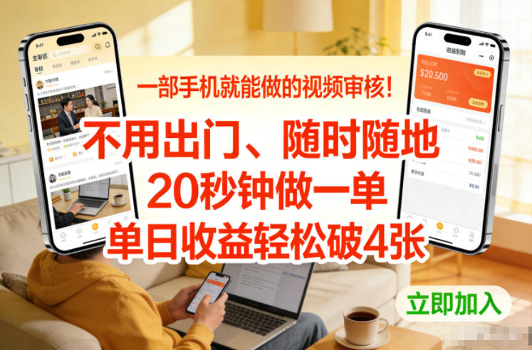 一部手机就能做的视频审核！不用出门，随时随地，20秒钟做一单，单日收益轻松破4张【揭秘】-副业资源站