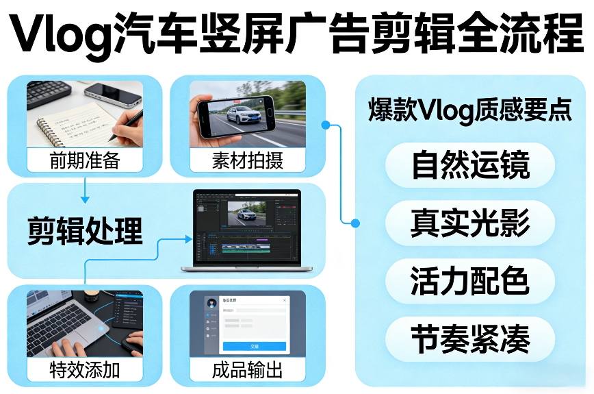 Vlog感觉汽车竖屏广告剪辑脚本全流程，拿捏爆款Vlog质感-副业资源站
