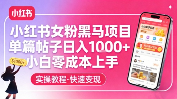 小红书女粉黑马项目，单篇帖子日入1k+，小白零成本上手-副业资源站