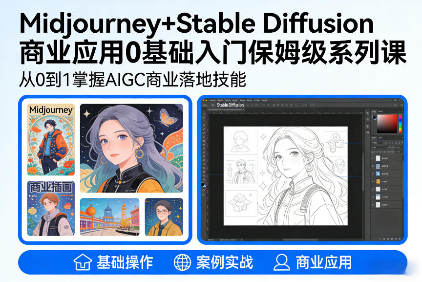 AIGC商业应用Midjourney+Stable Diffusion教程，0基础入门保姆级系列课-副业资源站