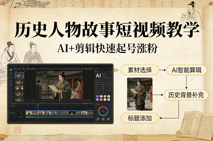 历史人物故事短视频教学，AI+剪辑制作历史人物题材短视频，快速起号涨粉-副业资源站