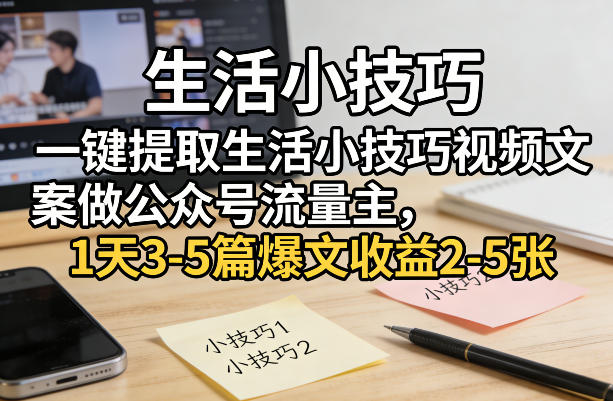 一键提取生活小技巧视频文案做公众号流量主，1天3-5篇爆文收益2-5张-副业资源站