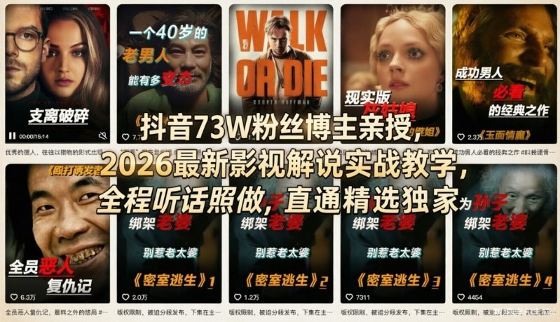 抖音73W粉丝博主亲授，2026最新影视解说实战教学，全程听话照做，直通精选独家-副业资源站