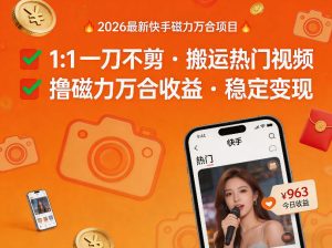 2026年最新快手磁力万合项目，1比1一刀不剪搬运热门视频，撸磁力万合收益-副业资源站