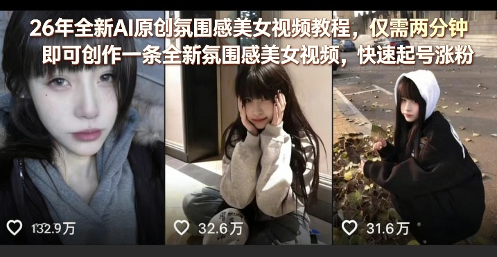 26年全新AI原创氛围感美女视频教程，仅需两分钟即可创作一条全新氛围感美女视频，快速起号涨粉-副业资源站