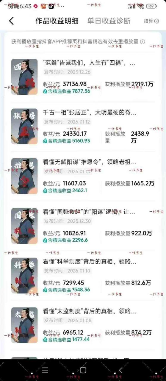 抖音300w粉丝博主的政史类科普视频教学，有大流量扶持，拿伙伴伙伴+精选独家双份收益-副业资源站