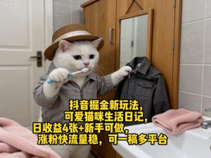 抖音掘金新玩法，可爱猫咪生活日记，日收益4张+新手可做，涨粉快流量稳，可一稿多平台-副业资源站