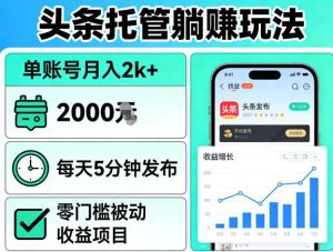 头条托管躺賺玩法，单账号月入2k+，每天5分钟发布即可，零门槛被动收益项目【揭秘】-副业资源站