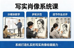 写实肖像系统课,全程分模块教学+多轮示范+逐节作业点评,系统打造扎实的写实肖像绘画能力-副业资源站