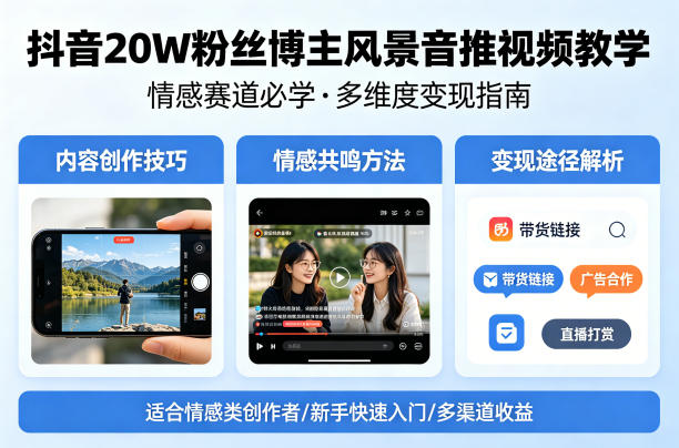 抖音20W粉丝博主风景音推视频教学，情感赛道必学，各种变现途径-副业资源站