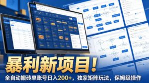 暴利新项目！全自动搬砖单账号日入200+，独家矩阵玩法，保姆级操作【揭秘】-副业资源站