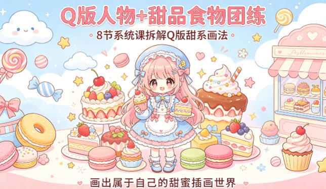 Q版人物+甜品食物团练，8节系统课拆解Q版甜系画法，画出属于自己的甜蜜插画世界-副业资源站