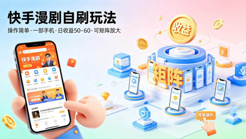 快手漫剧自刷玩法，操作简单，一部手机就可以做，一天50-60收益，可矩阵放大【揭秘】-副业资源站