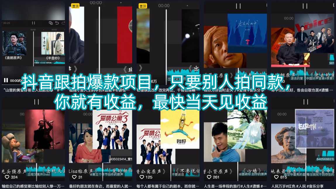 抖音跟拍爆款项目，只要别人拍同款，你就有收益，最快当天见收益-副业资源站