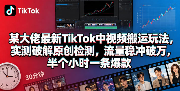 某大佬最新TikTok中视频搬运玩法，实测破解原创检测，流量稳冲破万，半个小时一条爆款-副业资源站