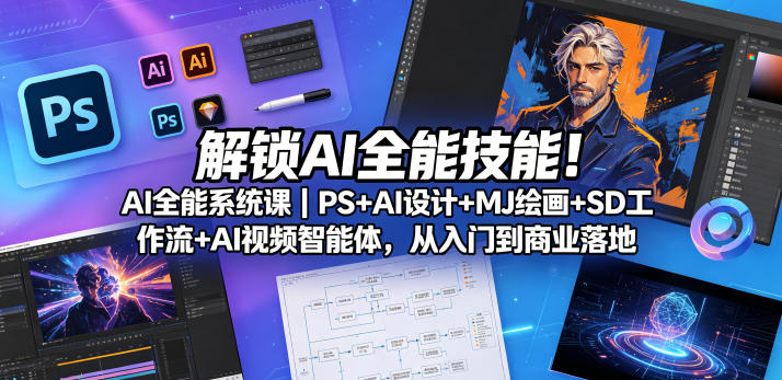 解锁AI全能技能！AI全能系统课｜PS+AI设计+MJ绘画+SD工作流+AI视频智能体，从入门到商业落地-副业资源站