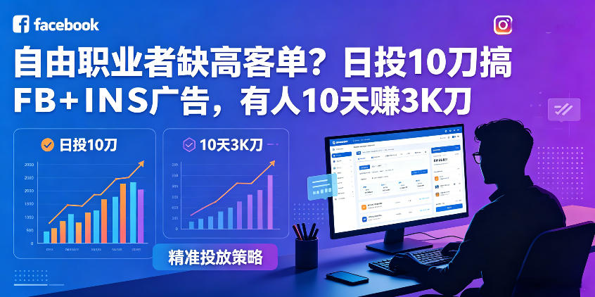 自由职业者缺高客单？日投10刀搞FB+INS广告，有人10天赚3K刀！【原创双语字幕】-副业资源站