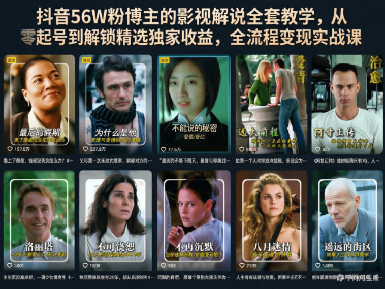 抖音56W粉博主的影视解说全套教学，从零起号到解锁精选独家收益，全流程变现实战课-副业资源站