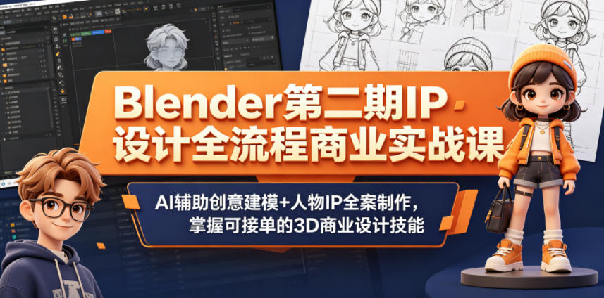 Blender第二期IP设计全流程商业实战课，AI辅助创意建模+人物IP全案制作，掌握可接单的3D商业设计技能-副业资源站