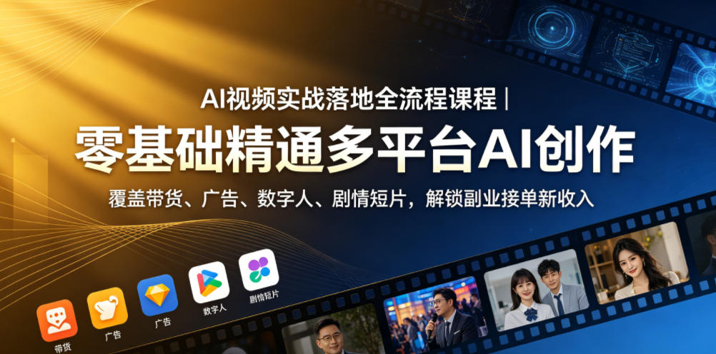 AI视频实战落地全流程课程｜零基础精通多平台AI创作，覆盖带货、广告、数字人、剧情短片，解锁副业接单新收入-副业资源站