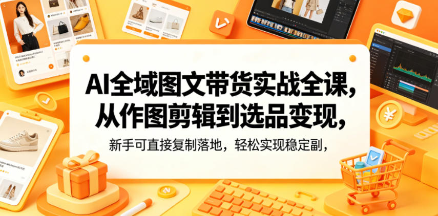 AI全域图文带货实战全课，从作图剪辑到选品变现，新手可直接复制落地，轻松实现稳定副业增收-副业资源站