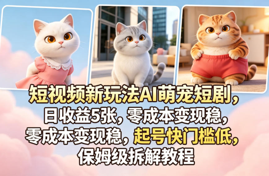 短视频新玩法AI萌宠短剧，日收益5张，零成本变现稳，起号快门槛低，保姆级拆解教程-副业资源站