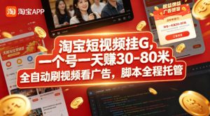 淘宝短视频挂G，一个号一天 賺30-80米，全自动刷视频看广告，脚本全程托管【揭秘】-副业资源站