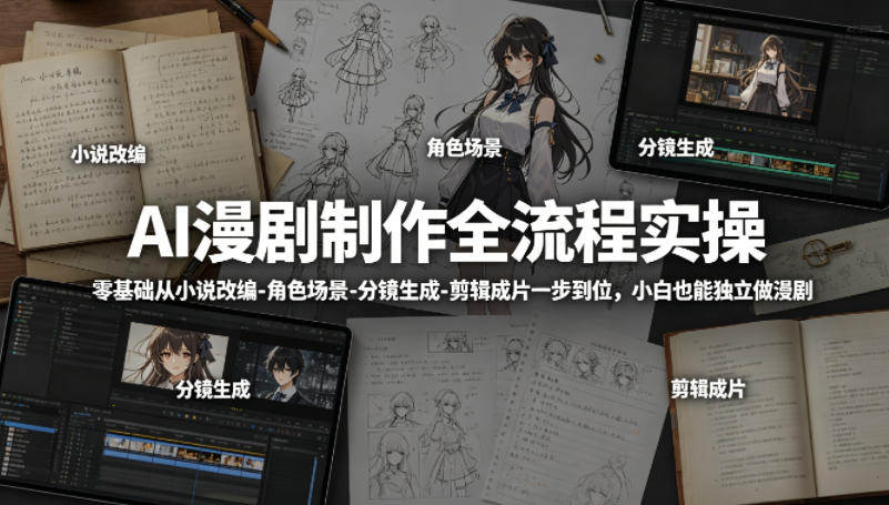 AI漫剧制作全流程实操，零基础从小说改编-角色场景-分镜生成-剪辑成片一步到位，小白也能独立做漫剧-副业资源站