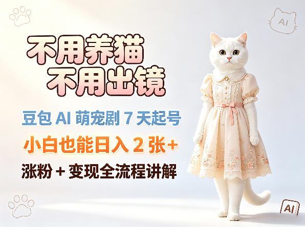 不用养猫不用出镜，豆包AI萌宠剧7天起号，小白也能日入2张+，涨粉+变现全流程讲解-副业资源站