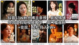 抖音53W粉丝博主亲授｜影视情绪共鸣混剪短视频教学，低门槛涨粉+变现，轻松月入1W+-副业资源站