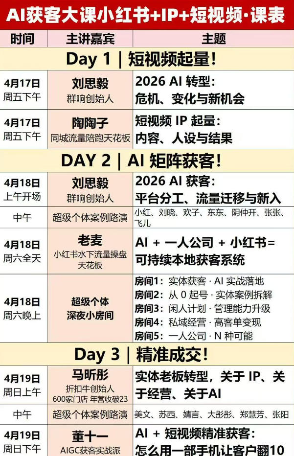 AI获客大课小红书+IP+短视频3天2夜线下课，用最真实的一线案例，最前沿的AI工具，最有效的流量打法（完整版）-副业资源站