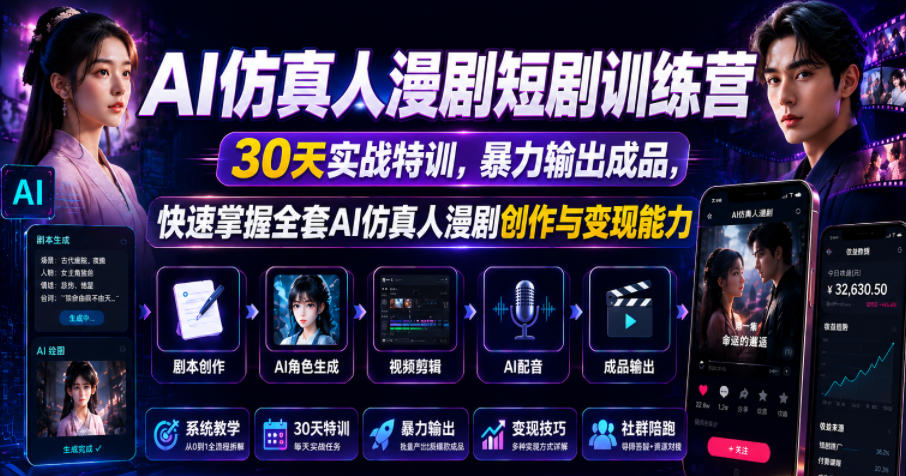 AI仿真人漫剧短剧训练营，30天实战特训，暴力输出成品，快速掌握全套AI仿真人漫剧创作与变现能力-副业资源站