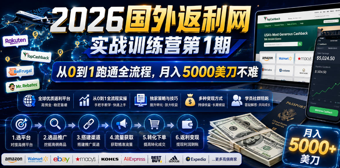 2026年国外返利网实战训练营第1期，从0到1跑通全流程，月入5000美刀不难-副业资源站