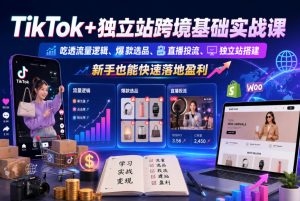 TikTok+独立站跨境基础实战课，吃透流量逻辑、爆款选品、直播投流与独立站搭建，新手也能快速落地盈利-副业资源站