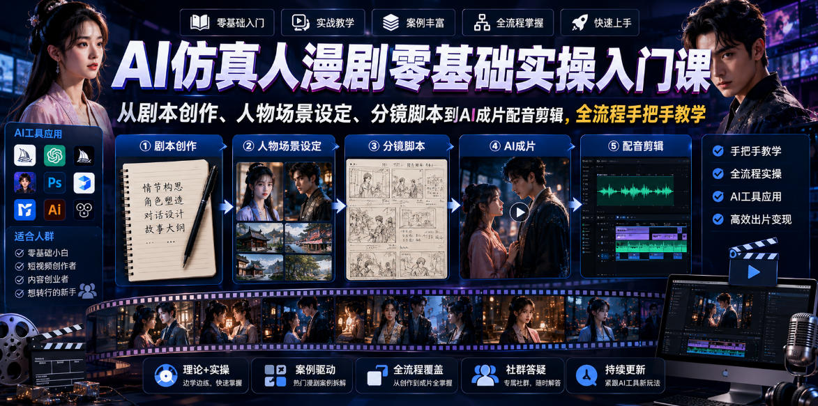 AI仿真人漫剧零基础实操入门课，从剧本创作、人物场景设定、分镜脚本到AI成片配音剪辑，全流程手把手教学-副业资源站
