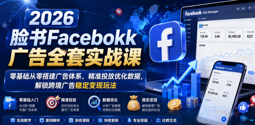 2026脸书Facebook广告全套实战课，零基础从零搭建广告体系，精准投放优化数据，解锁跨境广告稳定变现玩法-副业资源站