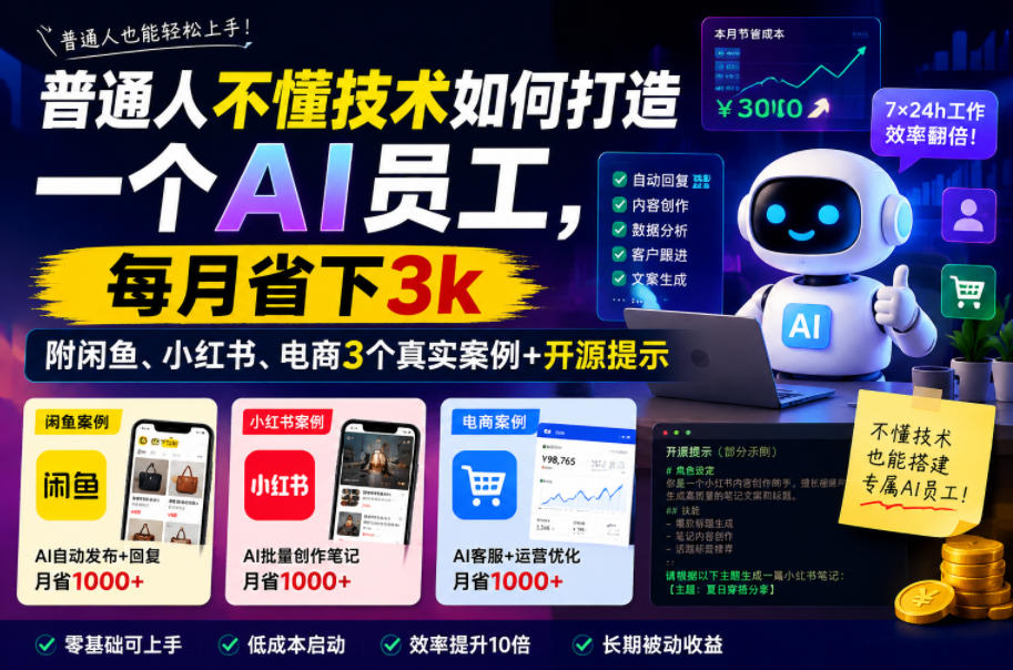 普通人不懂技术如何打造一个AI员工，每月省下3k，附闲鱼、小红书、电商3个真实案例+开源提示【文档】-副业资源站