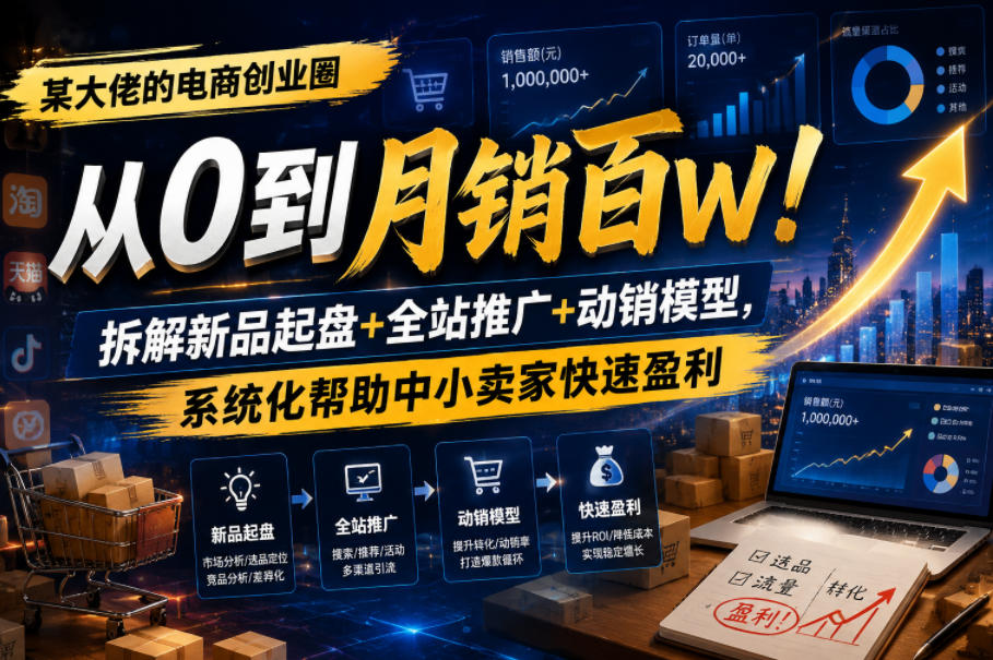 某大佬的电商创业圈从0到月销百W！拆解新品起盘+全站推广+动销模型，系统化帮助中小卖家快速盈利-副业资源站