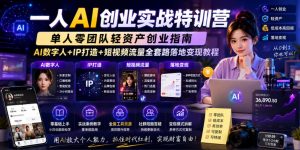一人AI创业实战特训营，单人零团队轻资产创业指南，AI数字人+IP打造+短视频流量全套路落地变现教程-副业资源站
