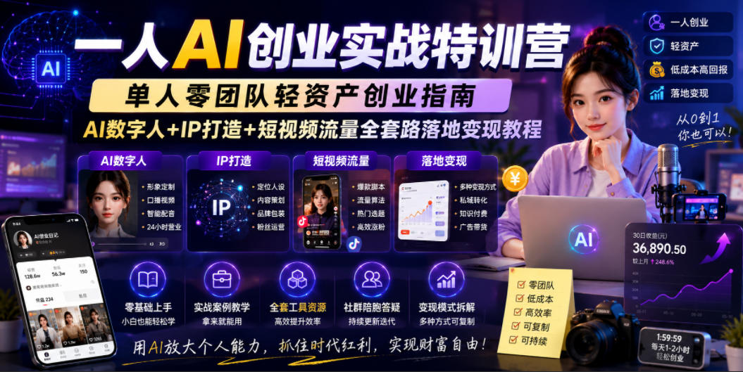 一人AI创业实战特训营，单人零团队轻资产创业指南，AI数字人+IP打造+短视频流量全套路落地变现教程-副业资源站