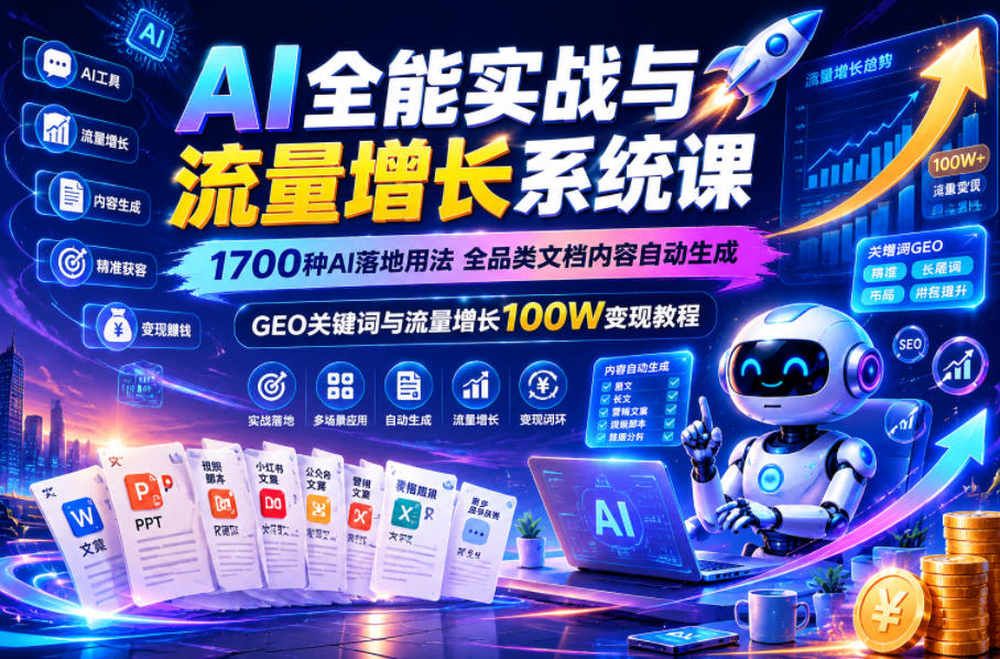 AI全能实战与流量增长系统课，1700种AI落地用法，全品类文档内容自动生成，GEO关键词与流量增长100W变现教程-副业资源站