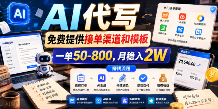 AI代写，免费提供接单渠道和模板，一单50-800，月稳入2W【揭秘】-副业资源站