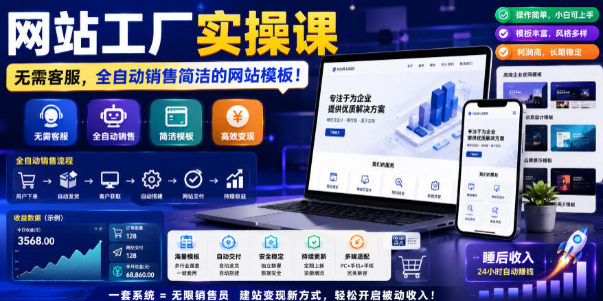 网站工厂实操课，无需客服，网站模板自动赚钱！【原创双语字幕】-副业资源站