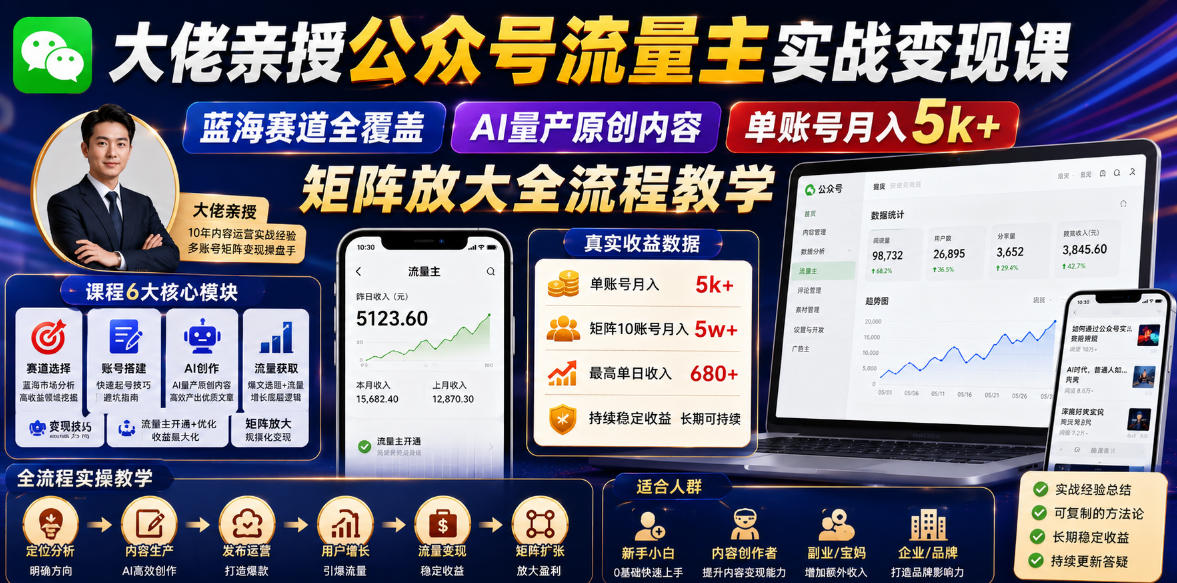 大佬亲授公众号流量主实战变现课，蓝海赛道全覆盖，AI量产原创内容，单账号月入5k+矩阵放大全流程教学-副业资源站