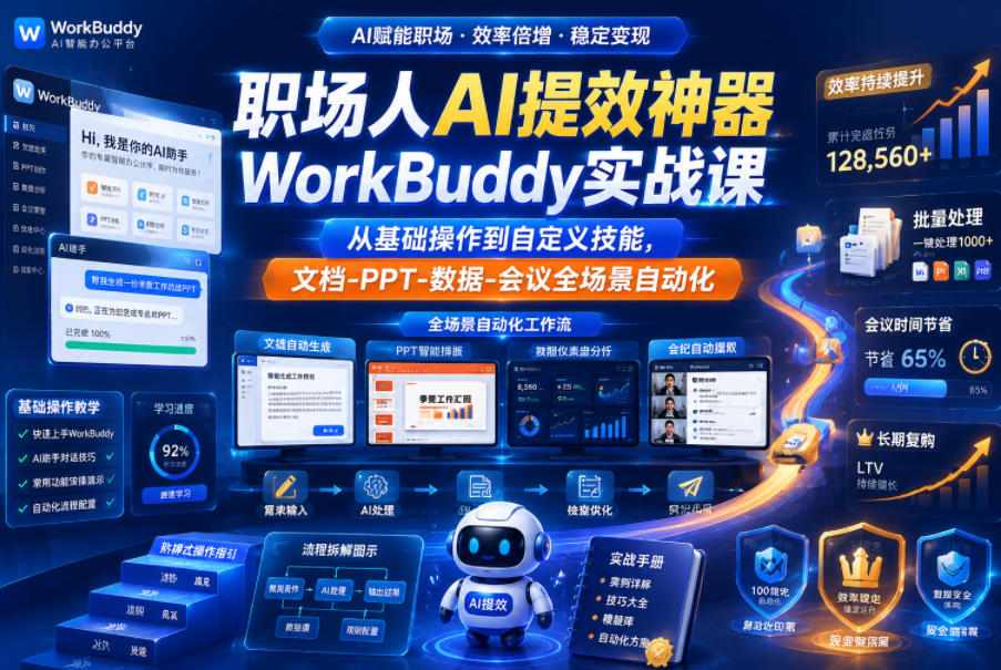 职场人AI提效神器WorkBuddy实战课，从基础操作到自定义技能，文档-PPT-数据-会议全场景自动化-副业资源站